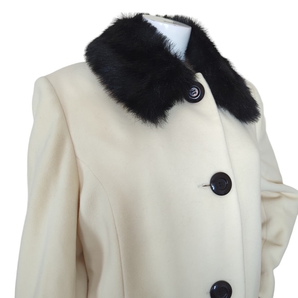 Cashmere Wool Blend Off-White Black Faux Fur Collar Long Coat - Picture 3 of 16